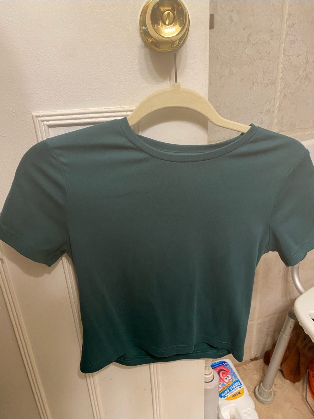 Cropped Crewneck Short Sleeve Top in Dark Teal - Unbranded